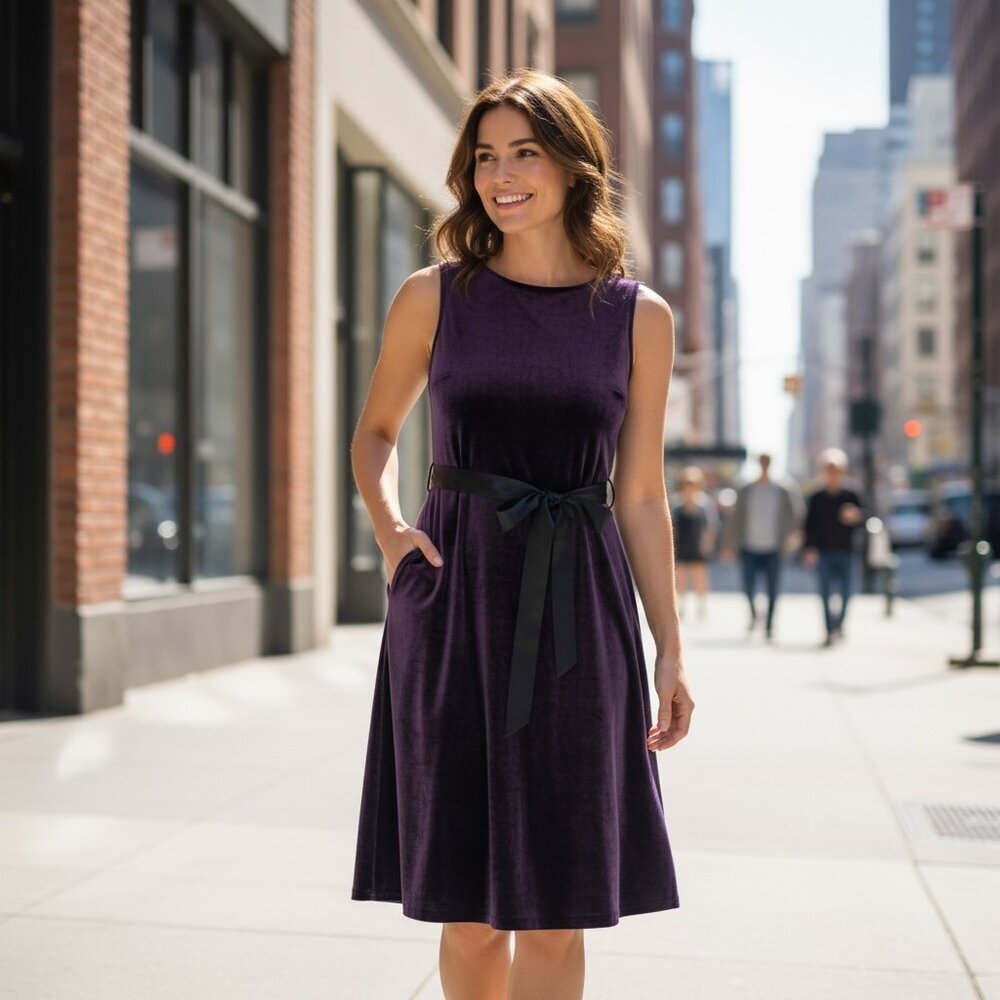 VTG CDC Elegant Stretch Velvet Sleeveless Dress Sz M Purple #236B